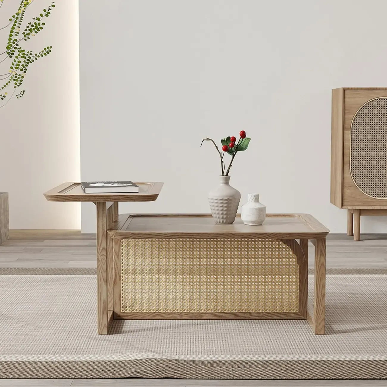 Rectangle Wooden Rattan Coffee Table Set in Natural Finish