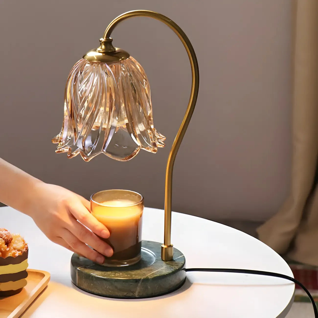 Elegant Glass Floral Bedside Lamp with Cup Holder Base