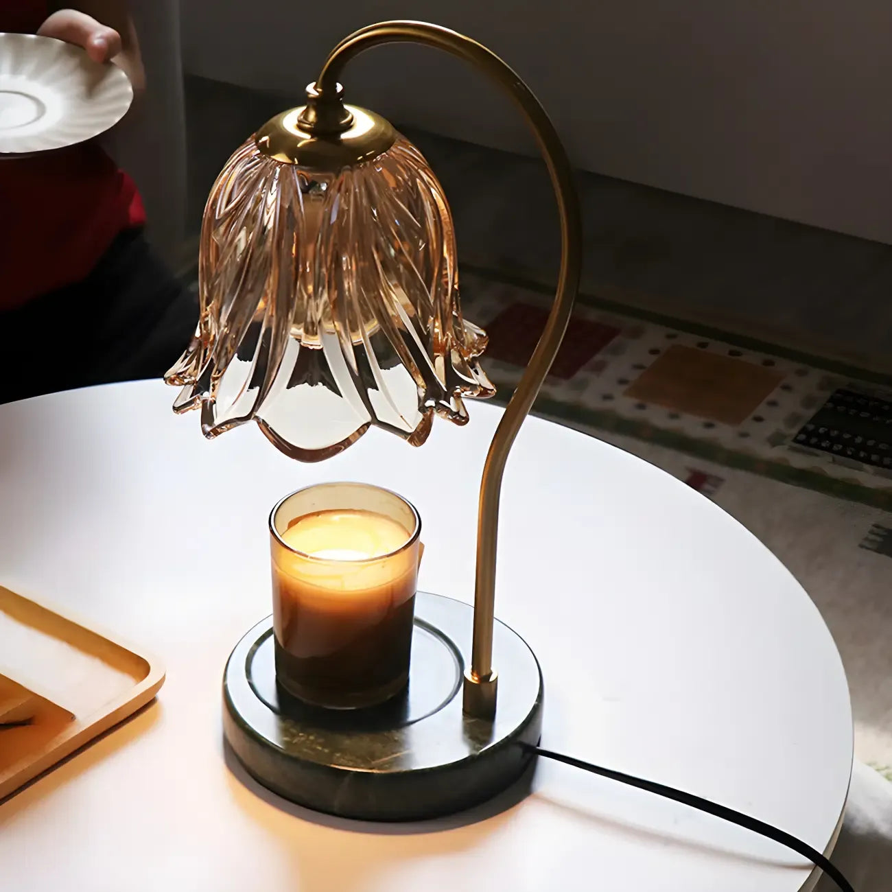 Elegant Glass Floral Bedside Lamp with Cup Holder Base