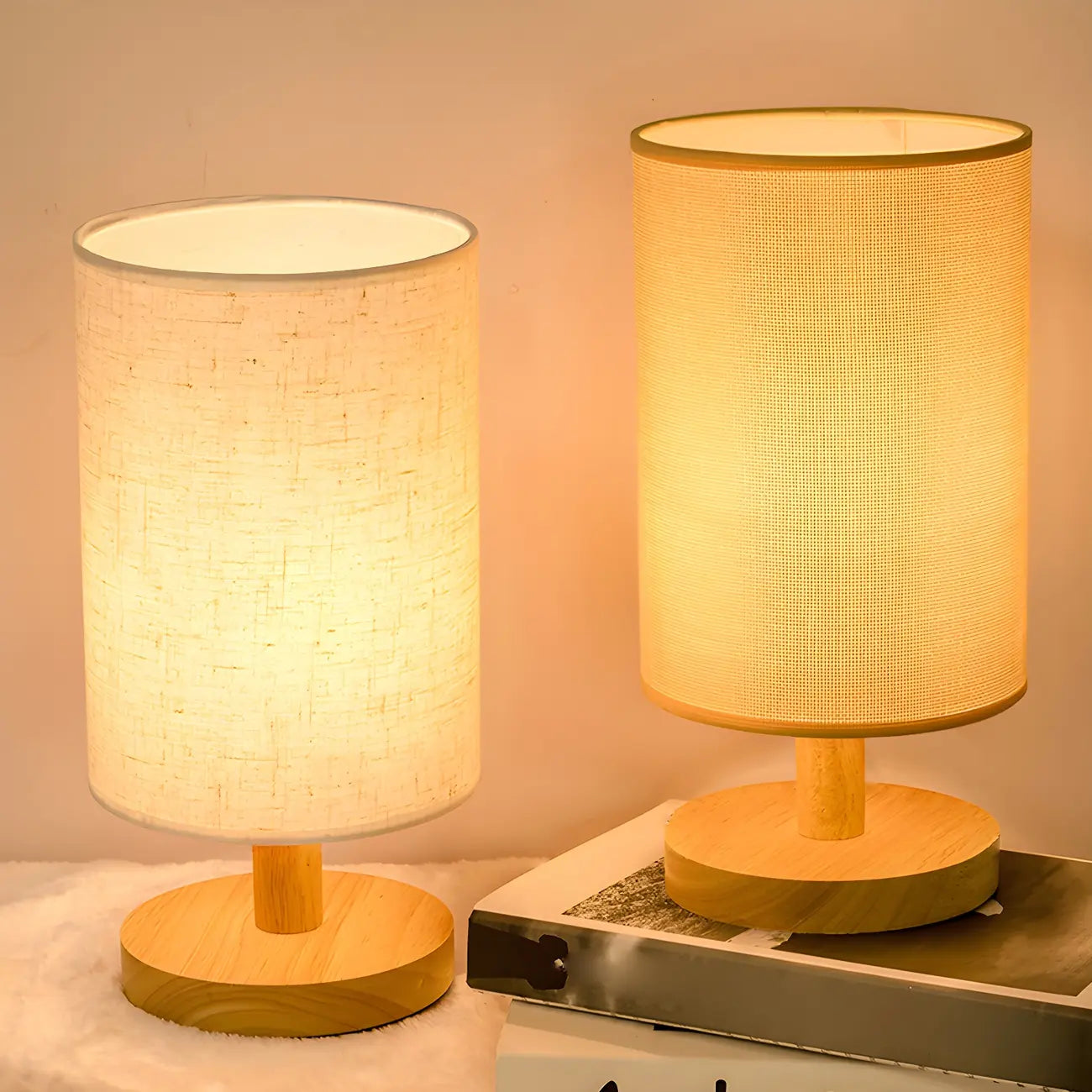 Rustic Round Wooden Table Lamp for Bedroom