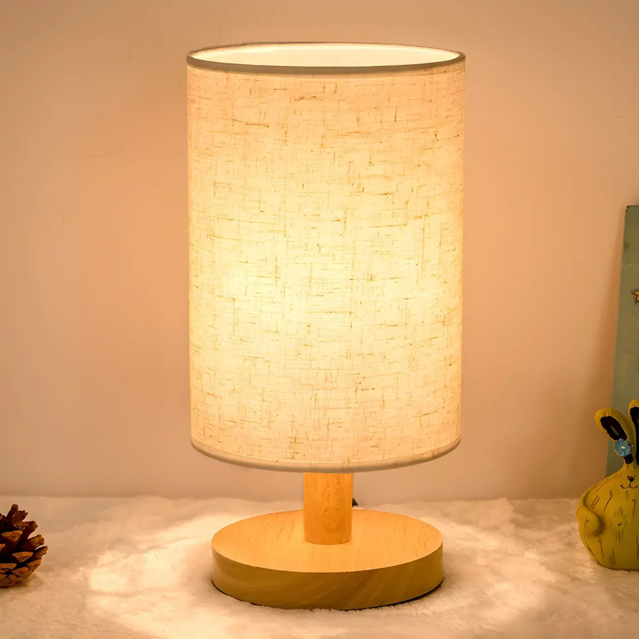 Rustic Round Wooden Table Lamp for Bedroom