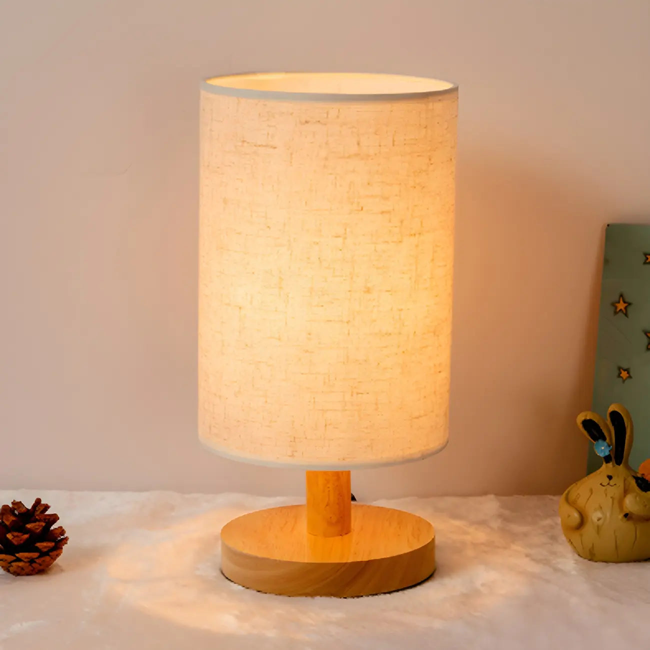 Rustic Round Wooden Table Lamp for Bedroom
