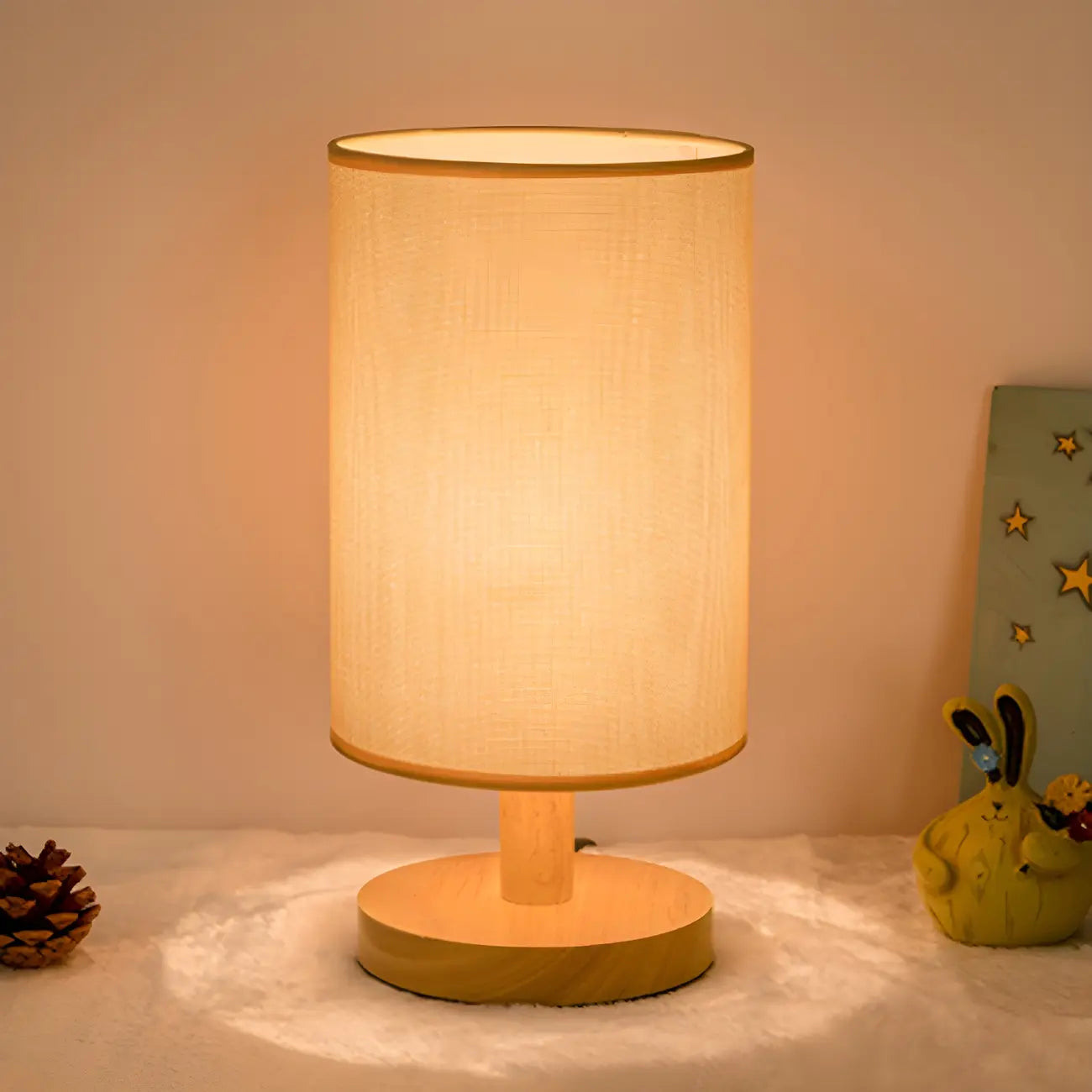 Rustic Round Wooden Table Lamp for Bedroom
