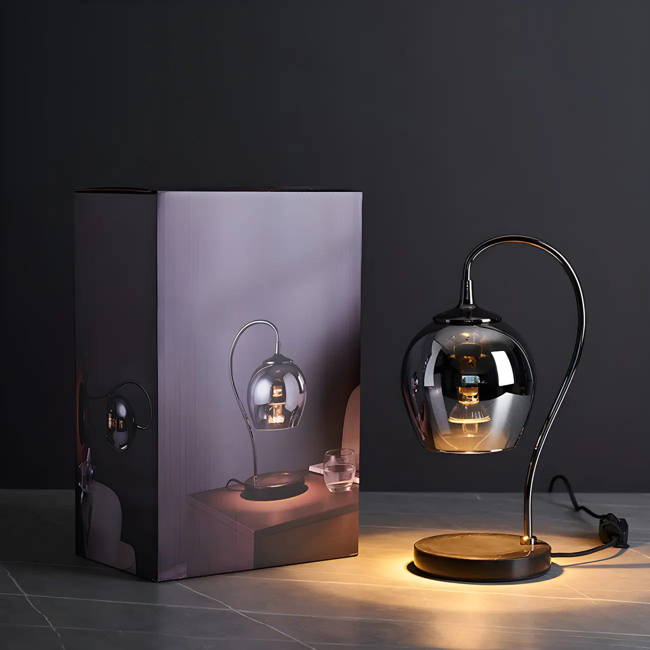 Modern Black Metal Glass Globe Table Lamp with Cup Holder Base