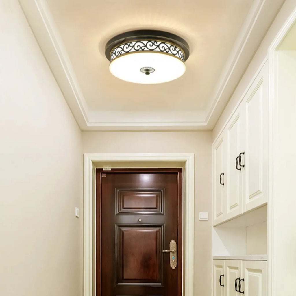 Classic Black Metal Drum Glass Flush Mount Ceiling Light