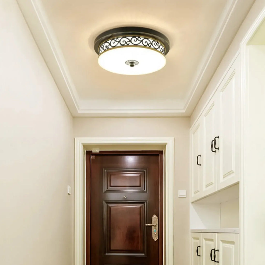 Classic Black Metal Drum Glass Flush Mount Ceiling Light