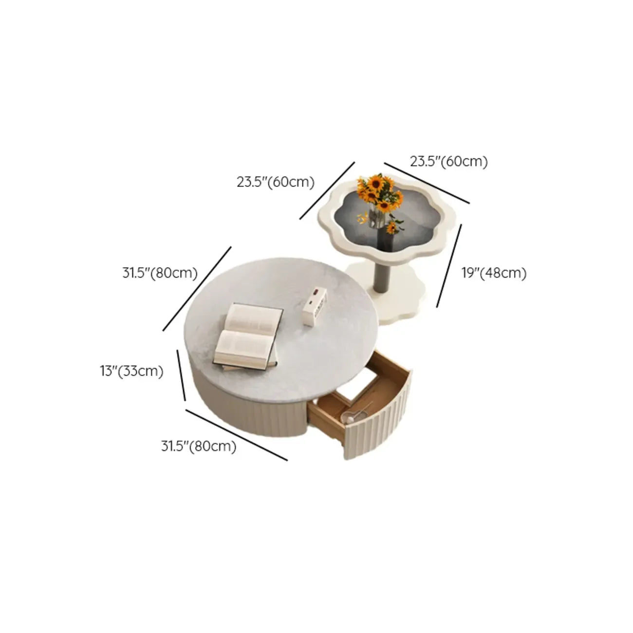 Elegant Indoor Round Nesting Coffee Table with 2 Drawers