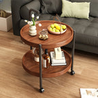 Modern 2-Tier Wood Round Coffee Table with Wheels, Tray