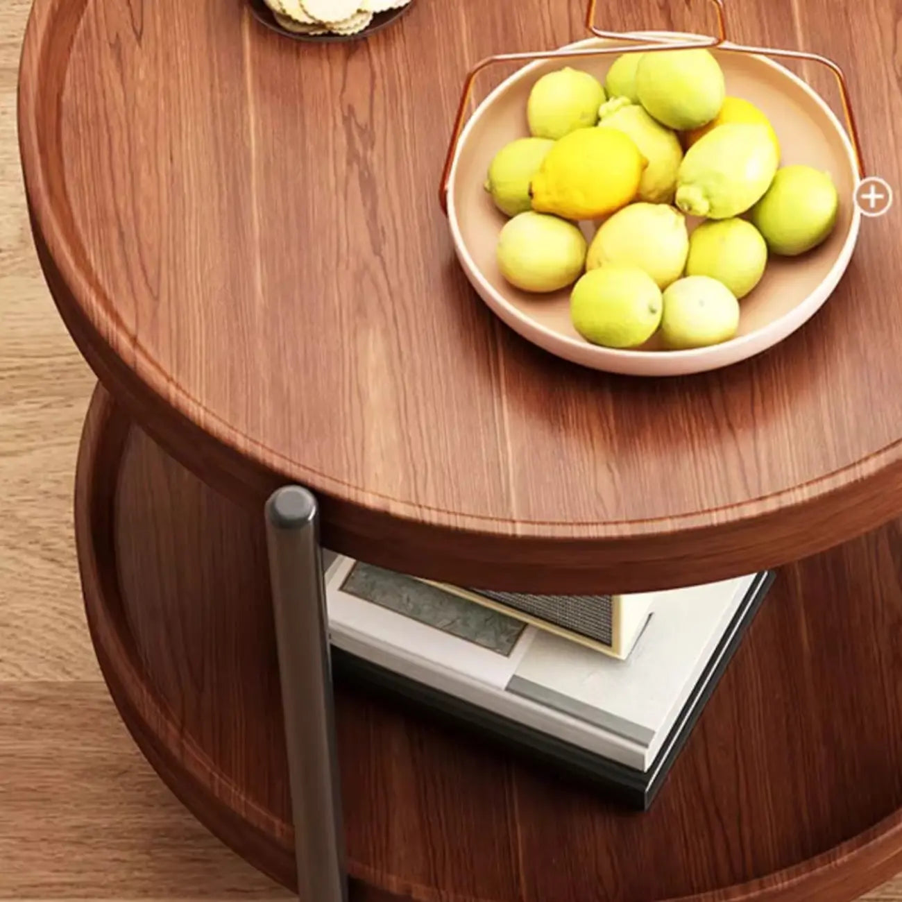 Modern 2-Tier Wood Round Coffee Table with Wheels, Tray