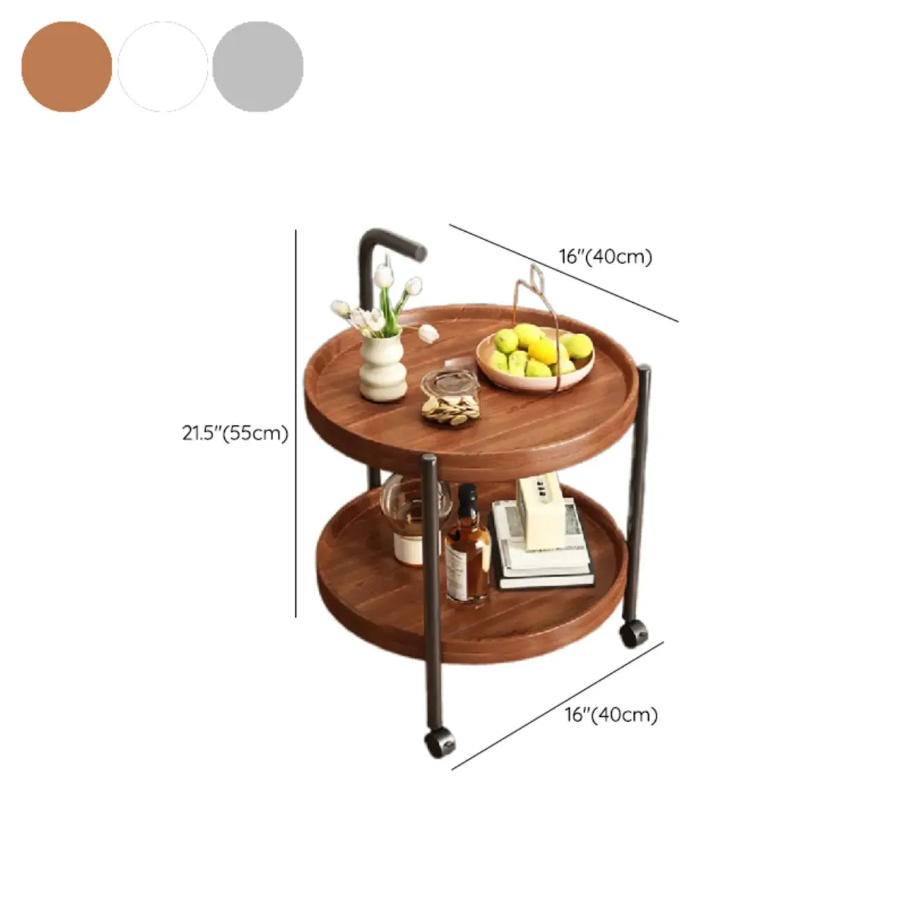 Modern 2-Tier Wood Round Coffee Table with Wheels, Tray
