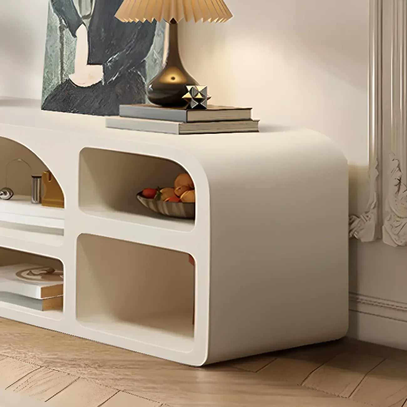 79 Minimalist White Rectangle Wood Open Storage TV Stand