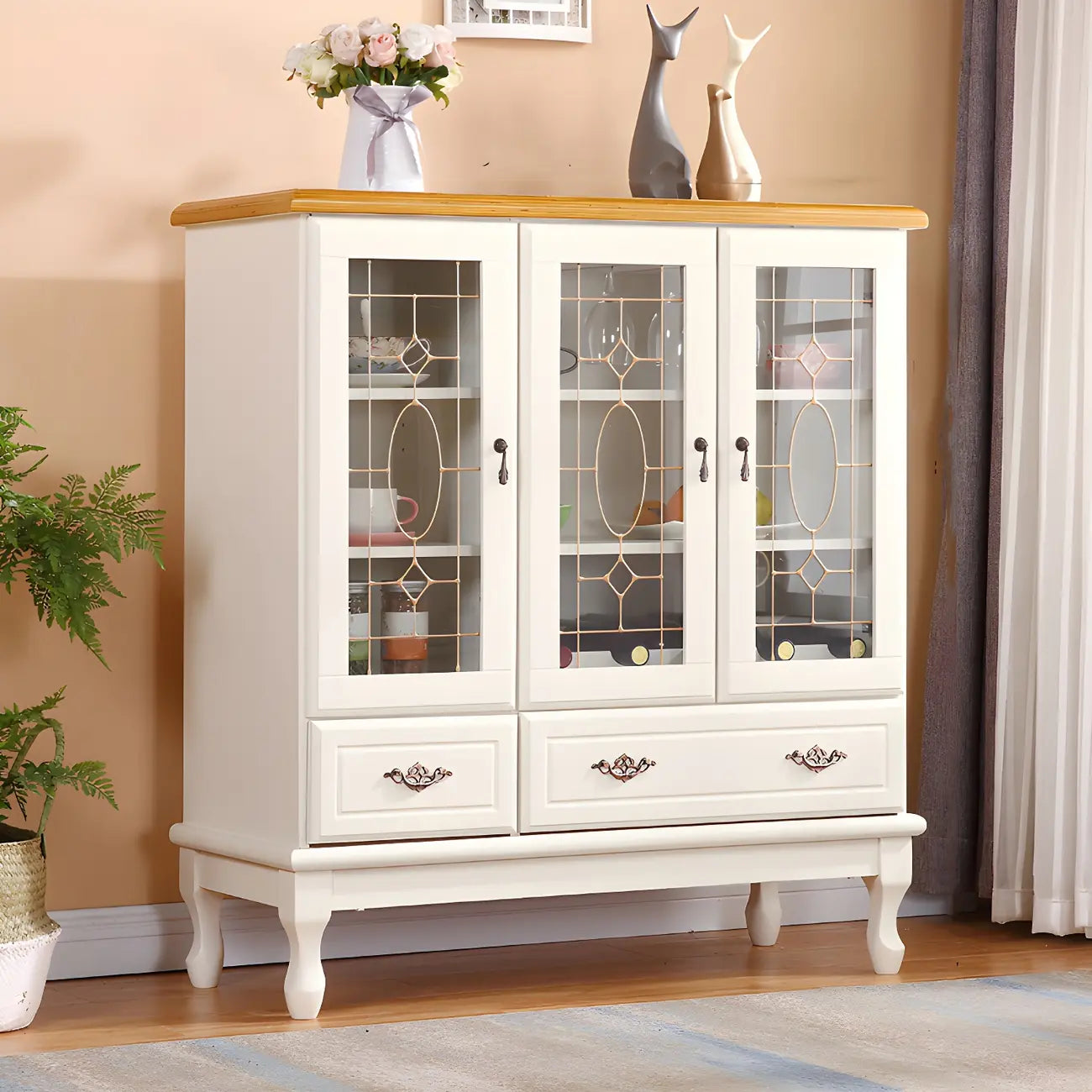Adjustable Shelves White Solid Wood Storage Display Cabinet