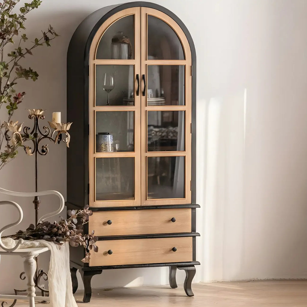 Arched Light Wood Glass Door Display Cabinet with Drawers