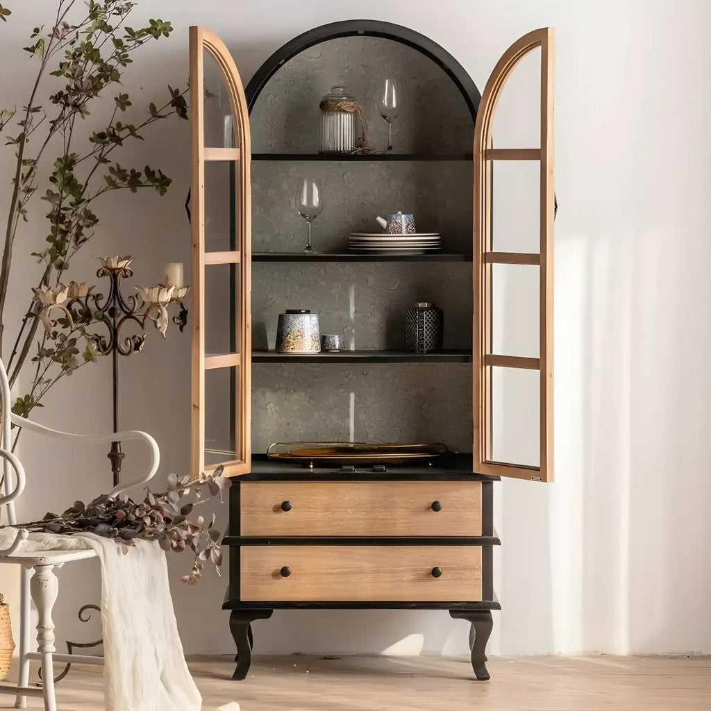 Arched Light Wood Glass Door Display Cabinet with Drawers