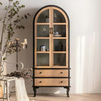 Arched Light Wood Glass Door Display Cabinet with Drawers