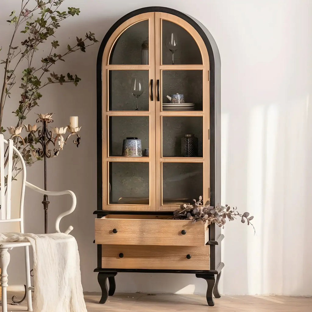 Arched Light Wood Glass Door Display Cabinet with Drawers