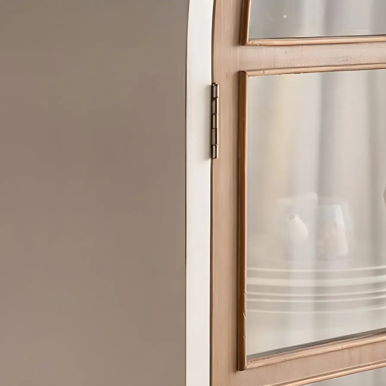 Arched Light Wood Glass Door Display Cabinet with Drawers