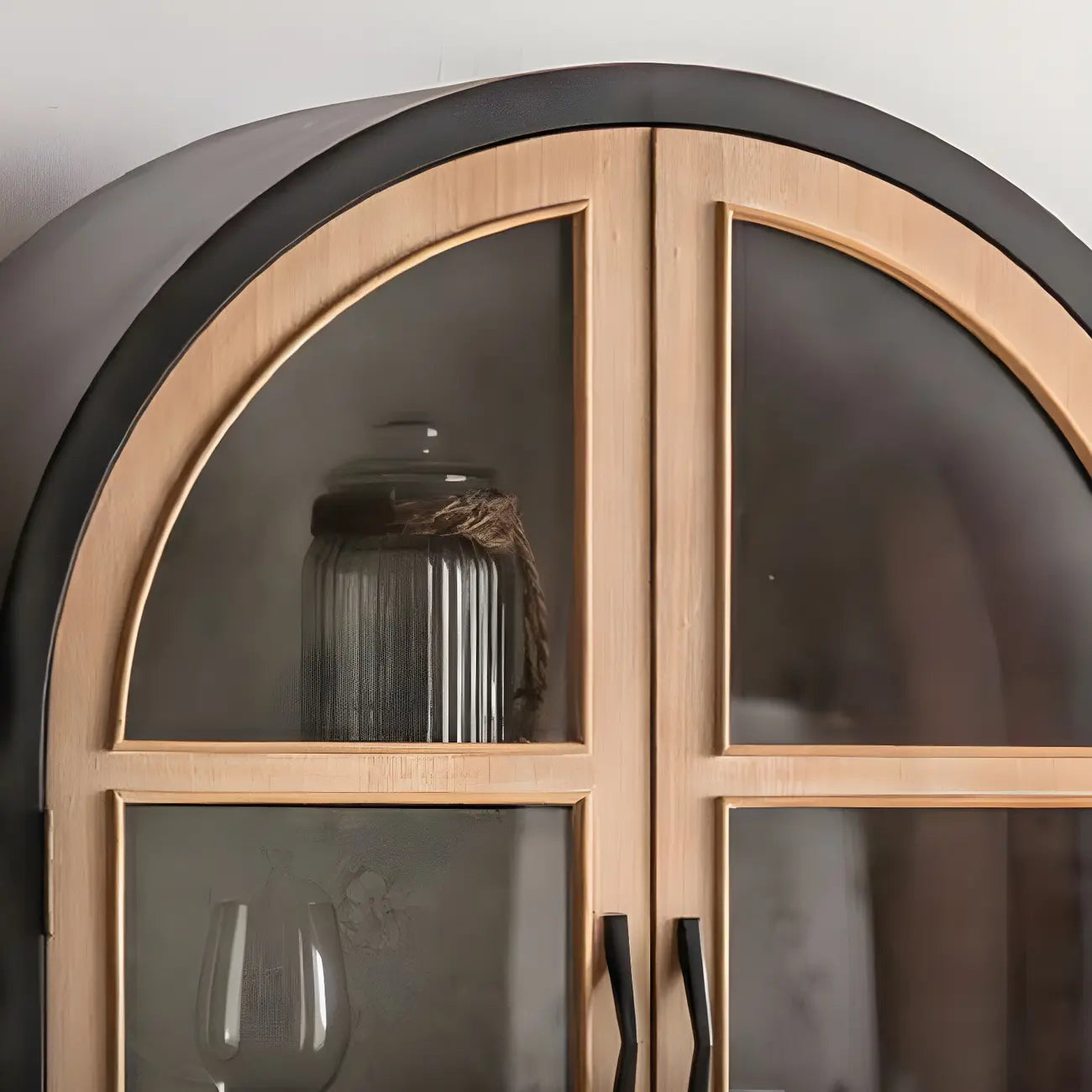 Arched Light Wood Glass Door Display Cabinet with Drawers