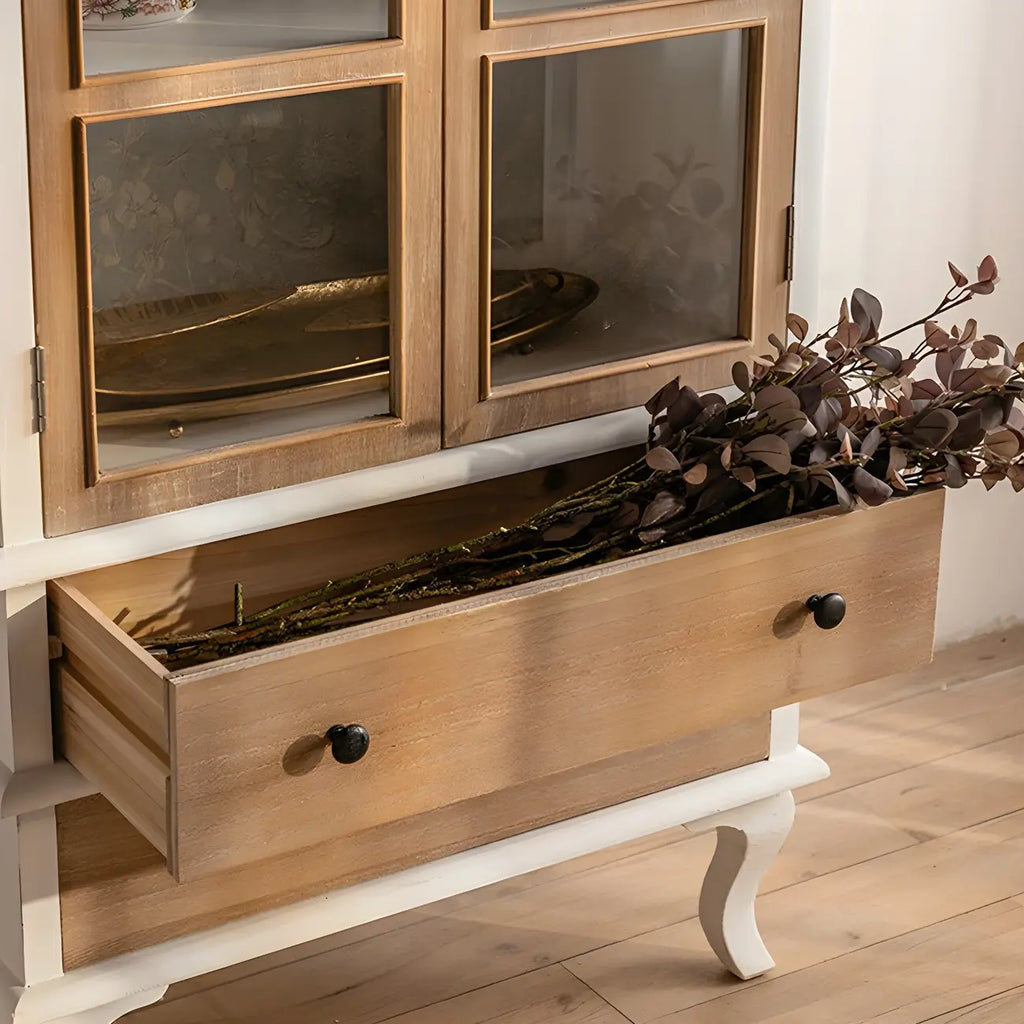 Arched Light Wood Glass Door Display Cabinet with Drawers