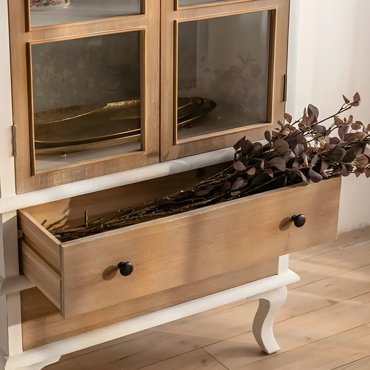Arched Light Wood Glass Door Display Cabinet with Drawers