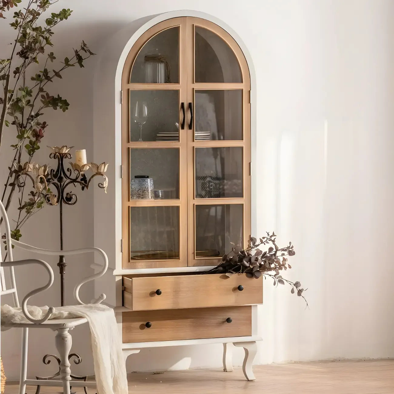 Arched Light Wood Glass Door Display Cabinet with Drawers