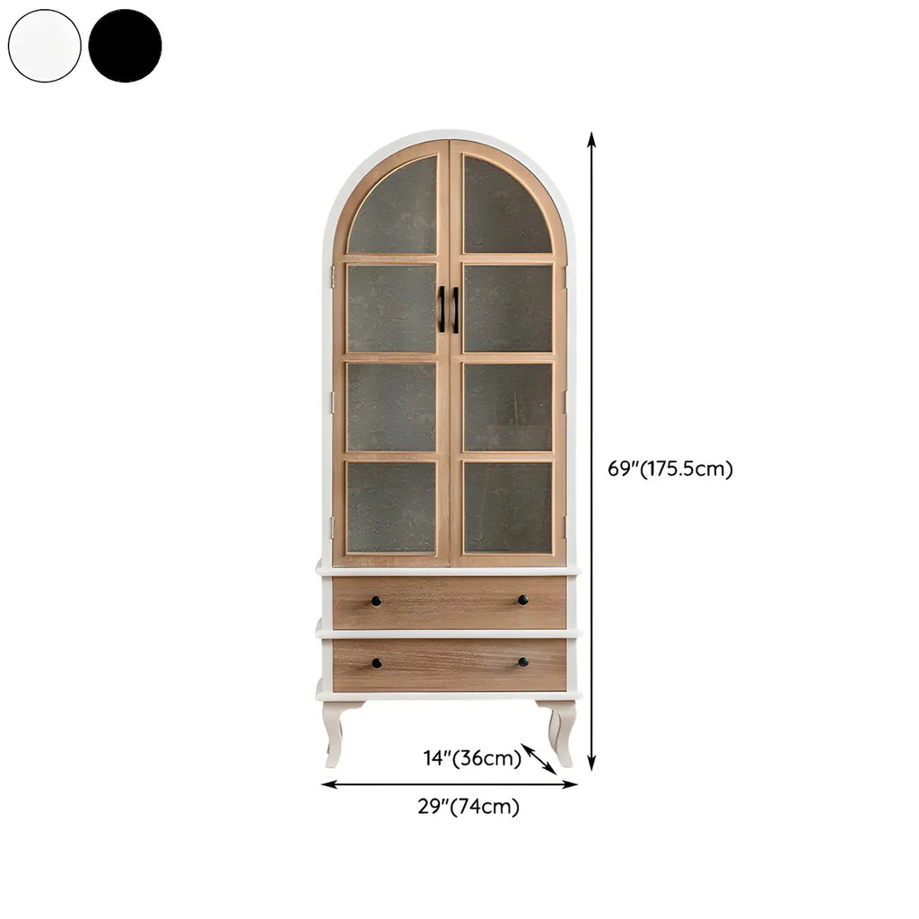 Arched Light Wood Glass Door Display Cabinet with Drawers