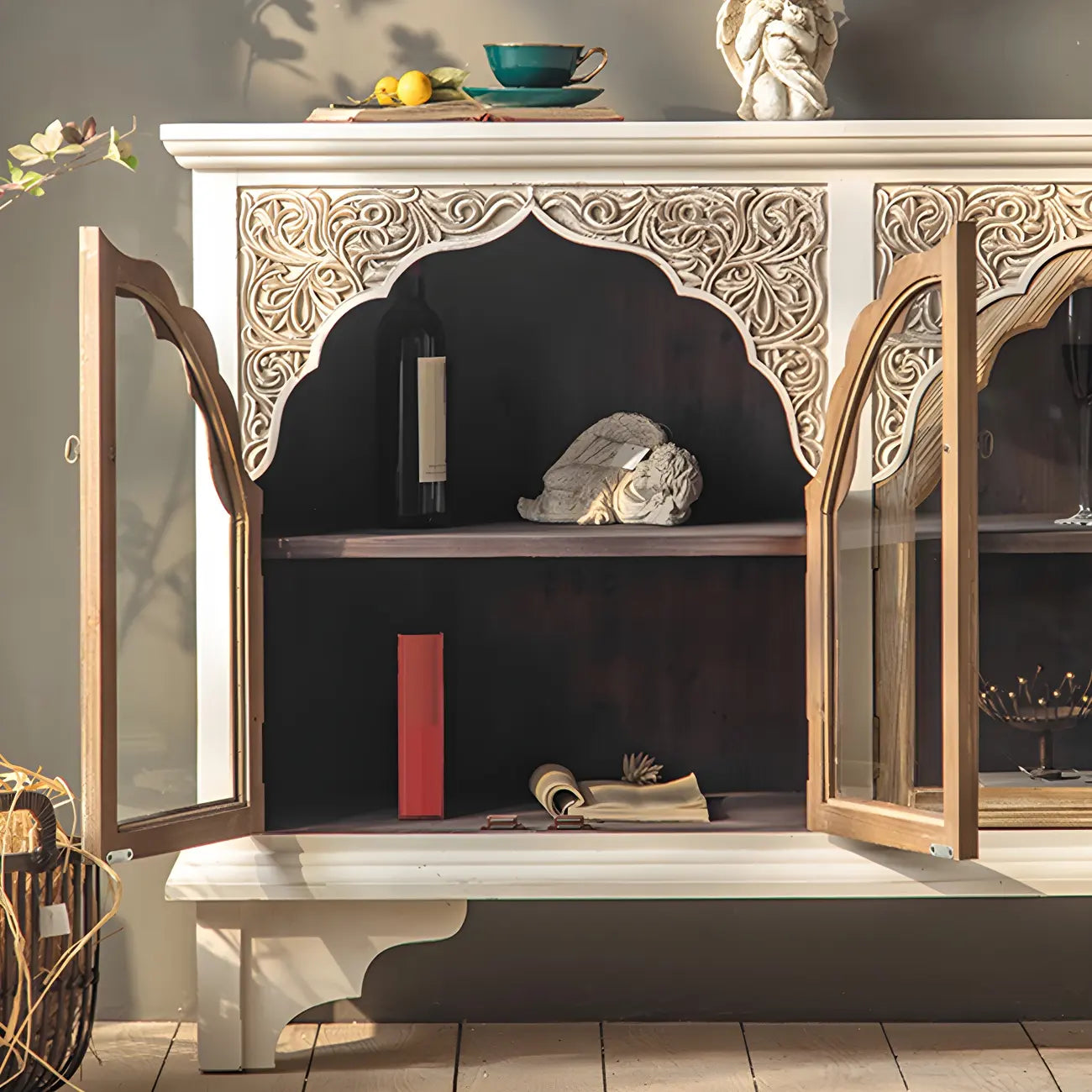 Elegant Arched Glass Doors White Wood China Cabinet