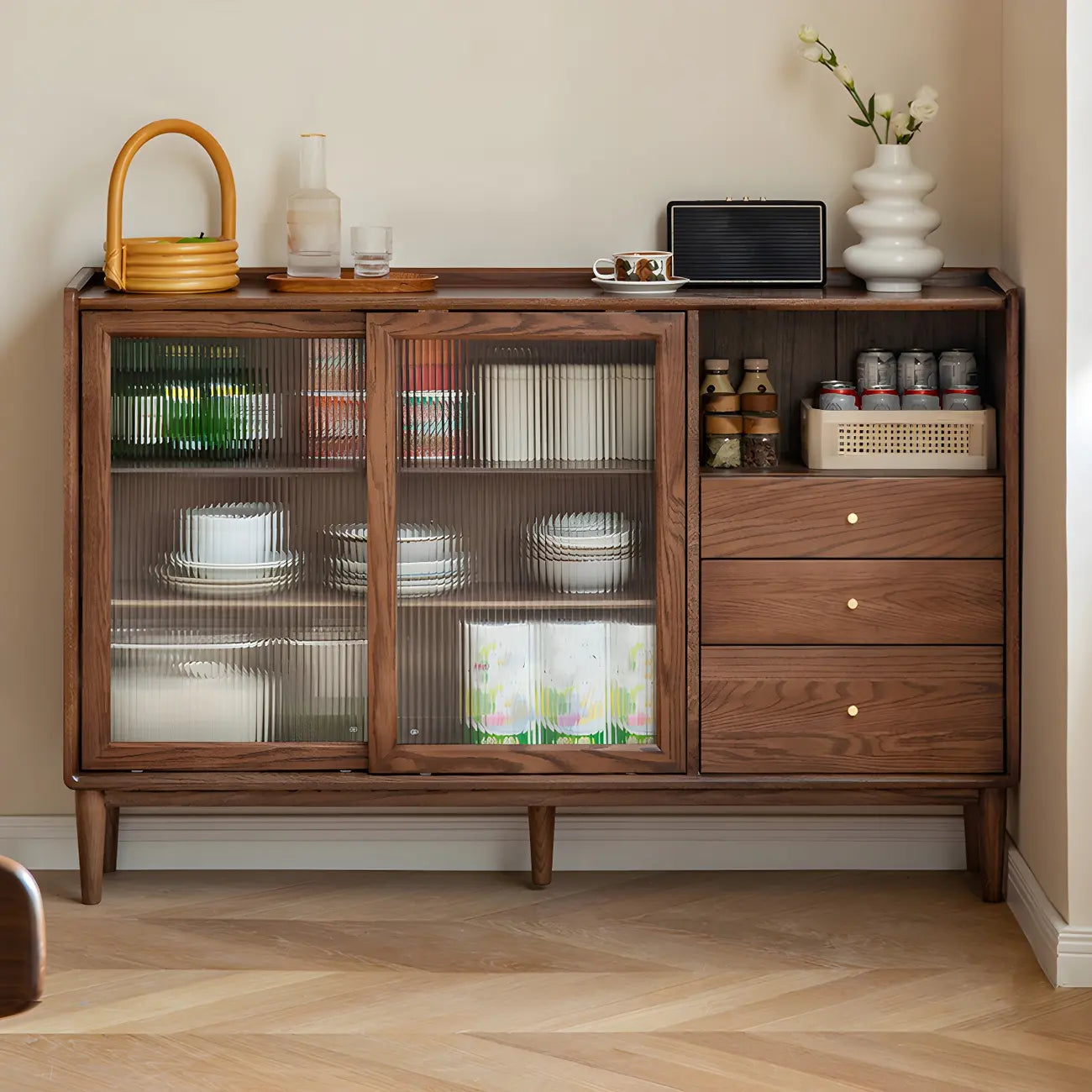 Adjustable Natural Wood Glass Sliding Door China Cabinet