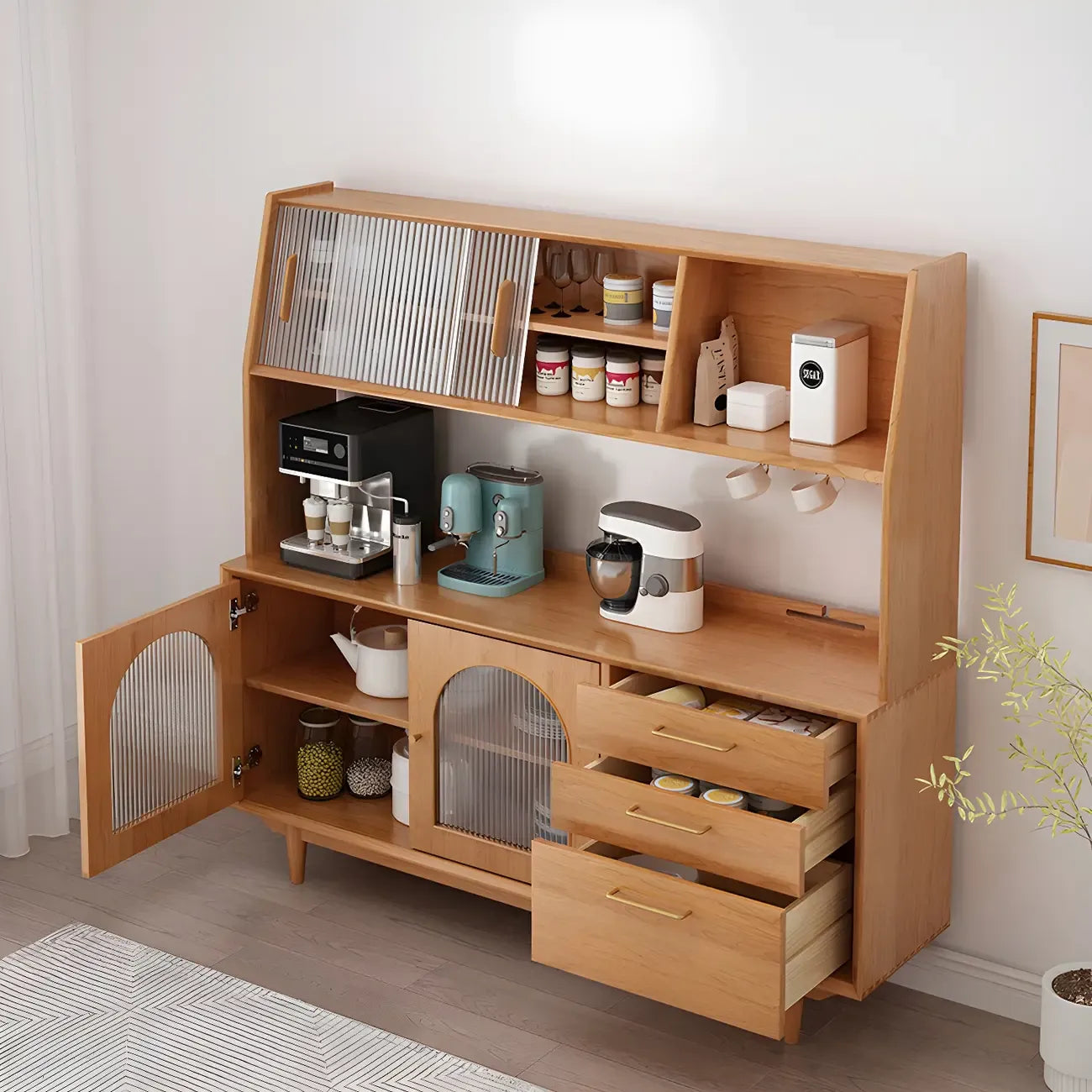 Cherry Wood Storage Hutch Cabinet with Glass Doors