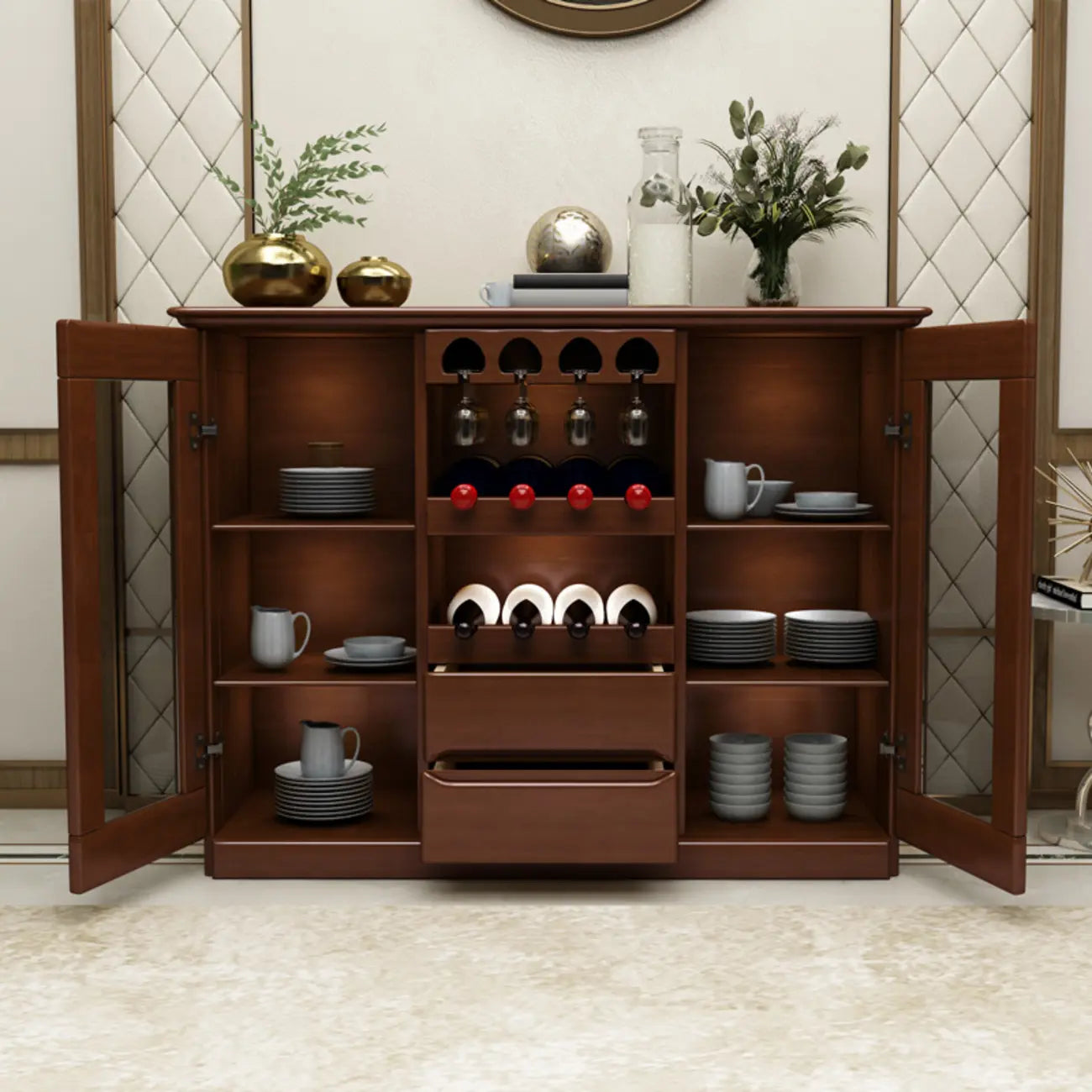 Classic Freestanding Wooden Wine Cabinet for Living Room
