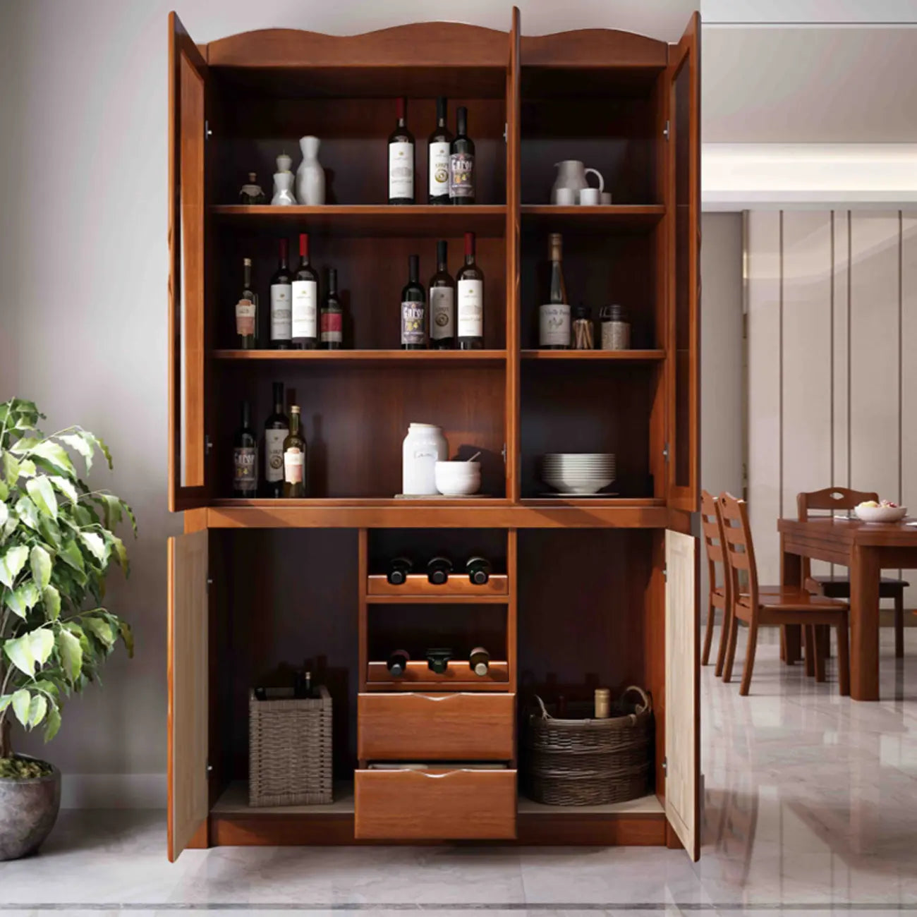 Classic Freestanding Natural Wooden Wine Cabinet for Living Room