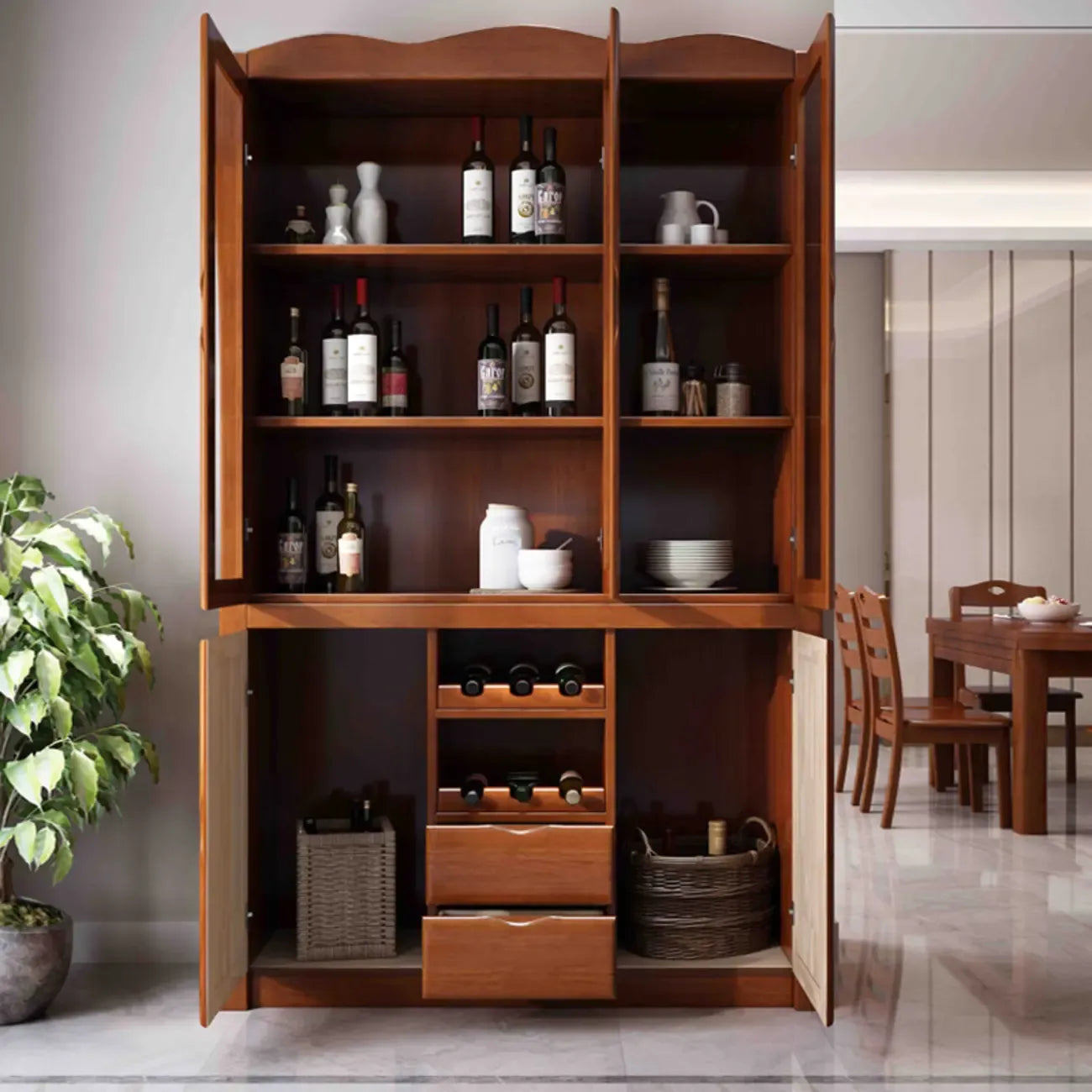 Classic Freestanding Natural Wooden Wine Cabinet for Living Room