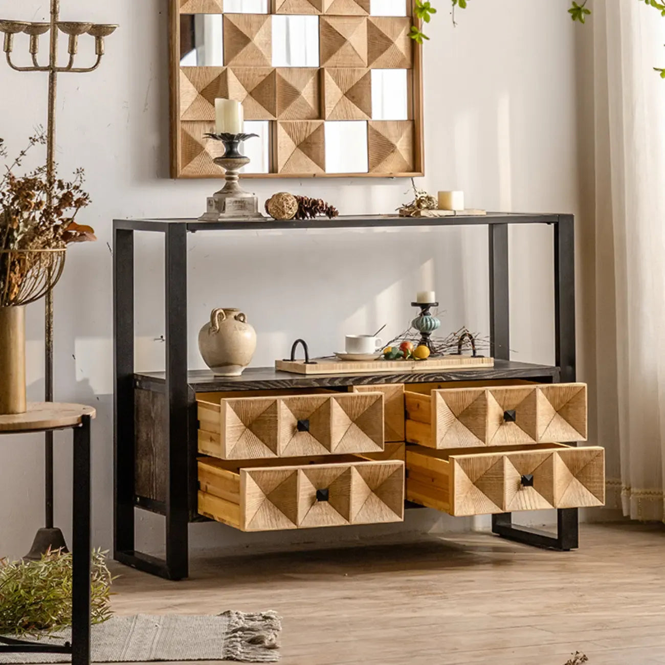 Rustic Wooden Console Table with Drawers and Trims