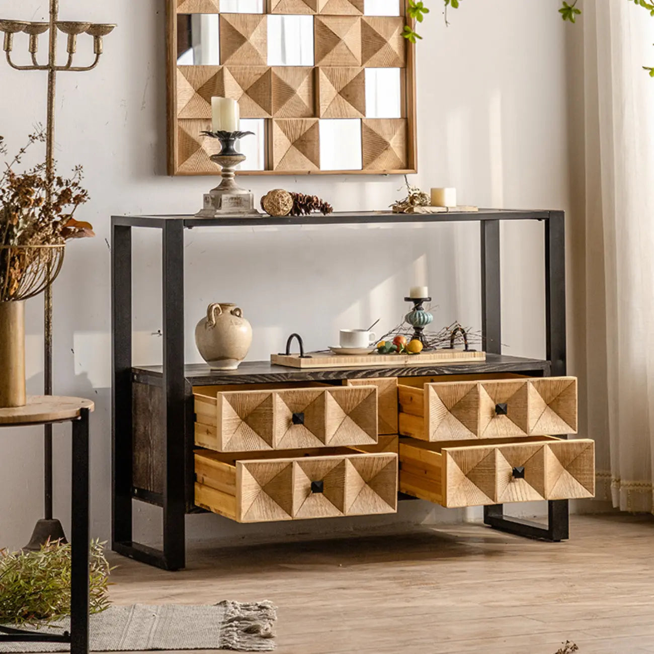 Rustic Wooden Console Table with Drawers and Trims