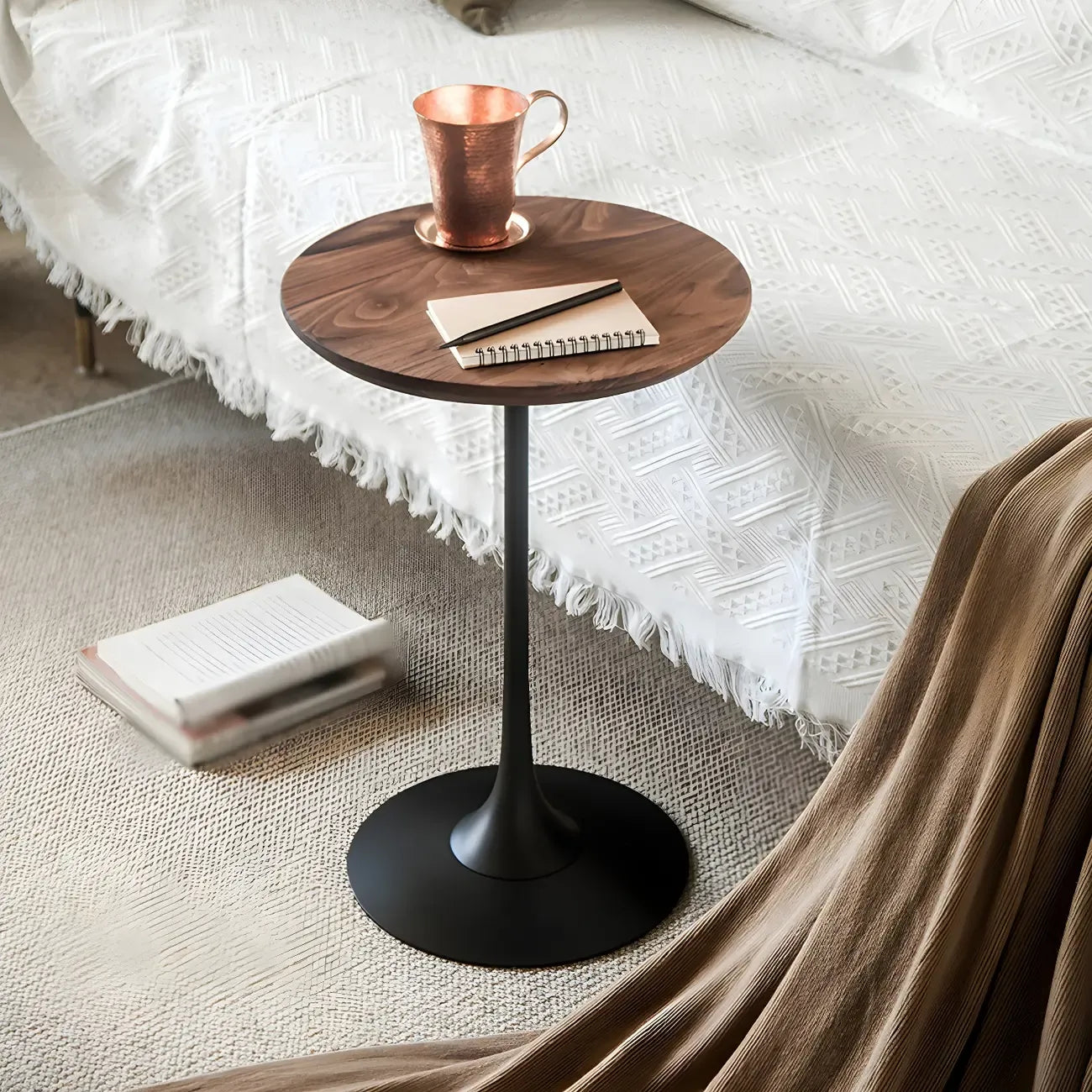 Minimalist Round Brown Wood End Table with Metal Base