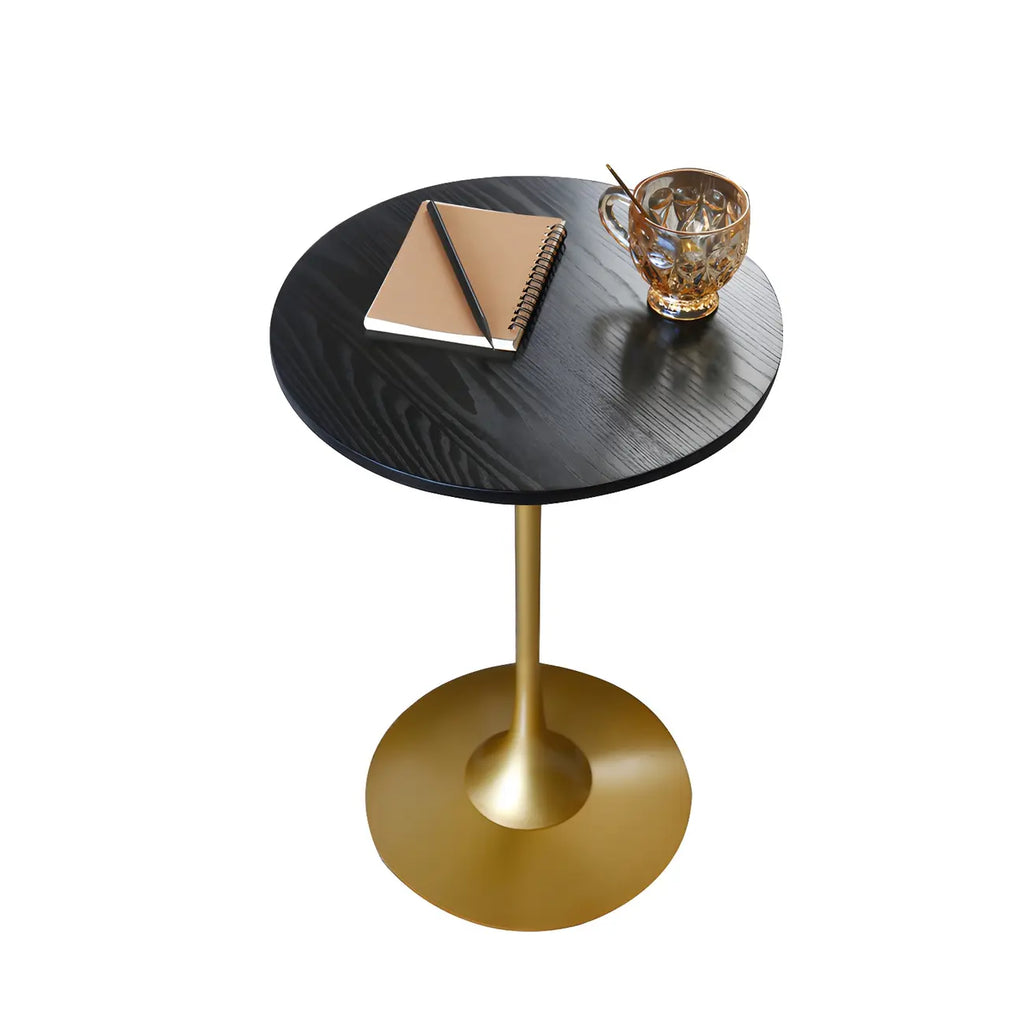 Minimalist Round Brown Wood End Table with Metal Base