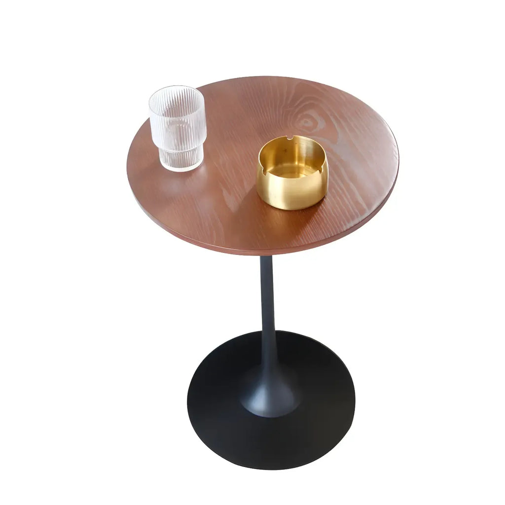 Minimalist Round Brown Wood End Table with Metal Base