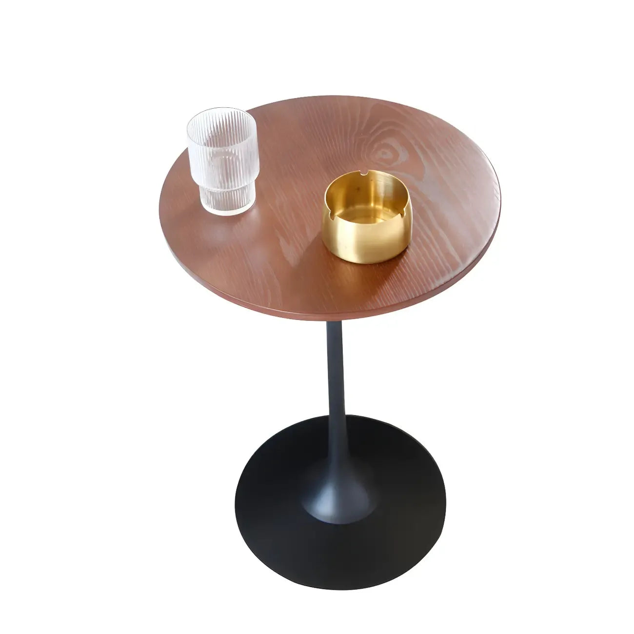 Minimalist Round Brown Wood End Table with Metal Base