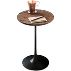 Minimalist Round Brown Wood End Table with Metal Base