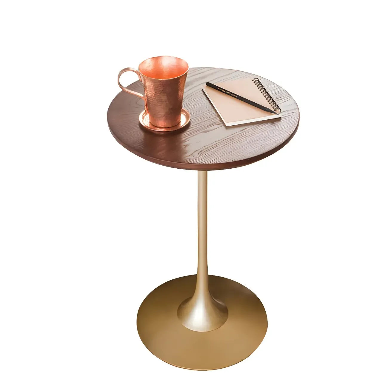 Minimalist Round Brown Wood End Table with Metal Base