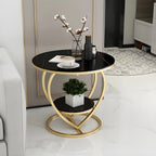 Stylish Round Marble Side Table with Storage and Gold Frame