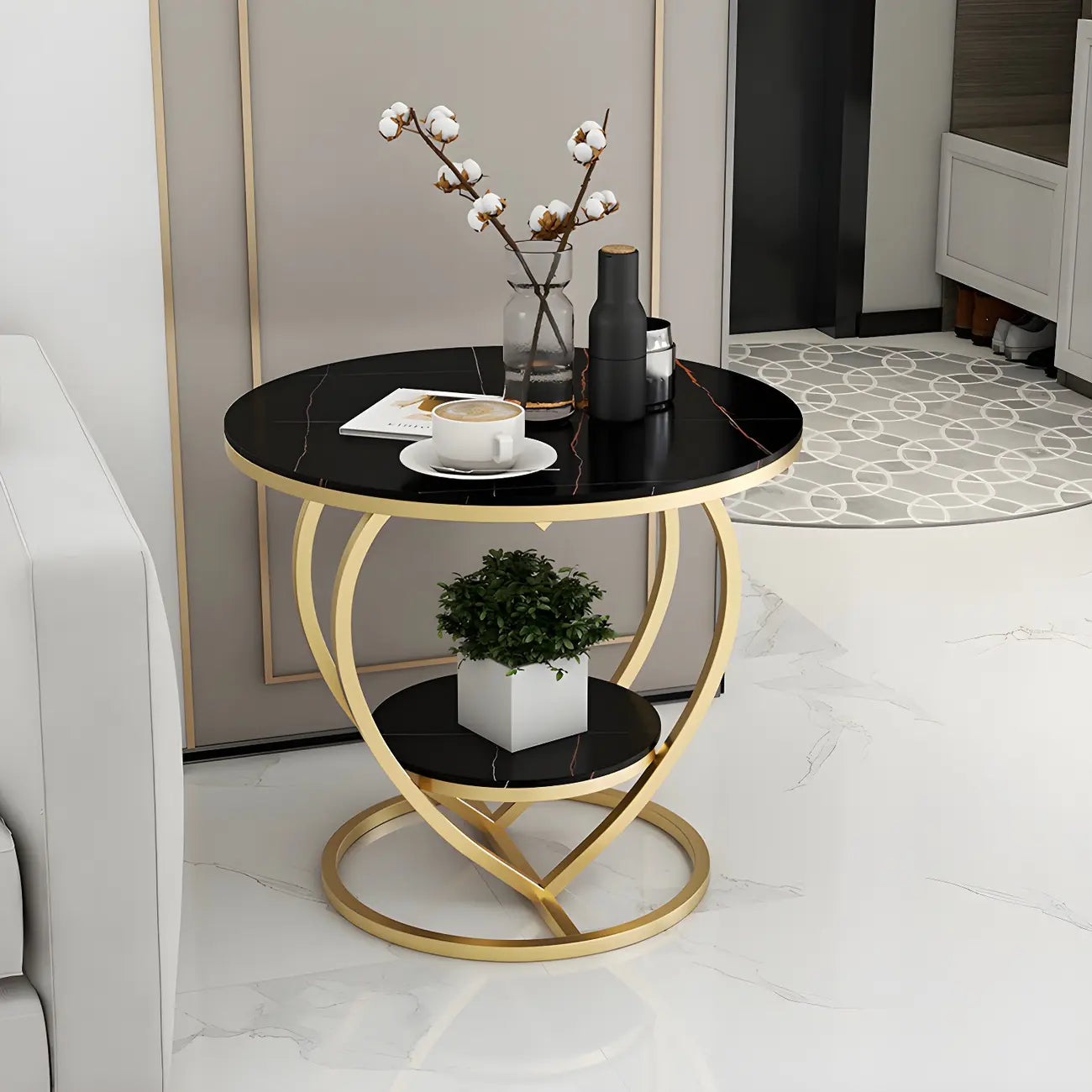 Stylish Round Marble Side Table with Storage and Gold Frame