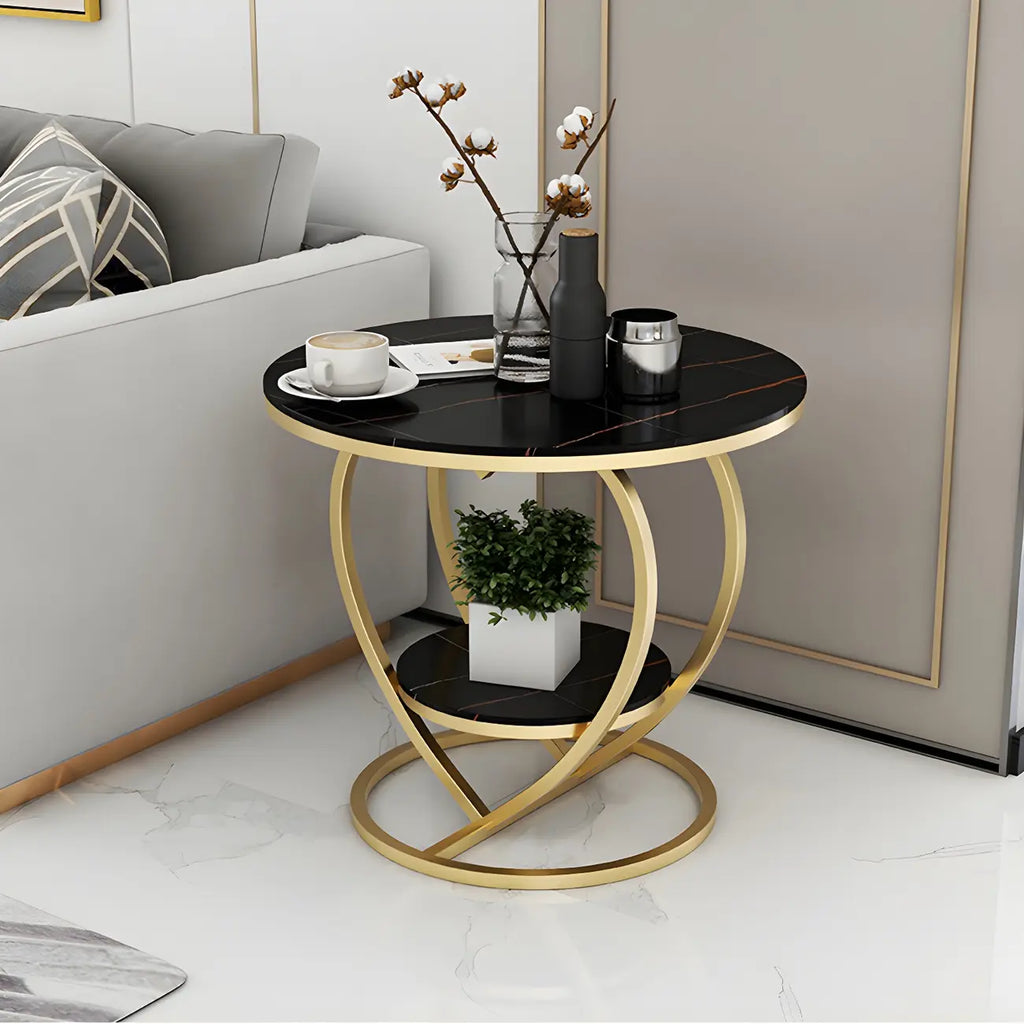 Stylish Round Marble Side Table with Storage and Gold Frame
