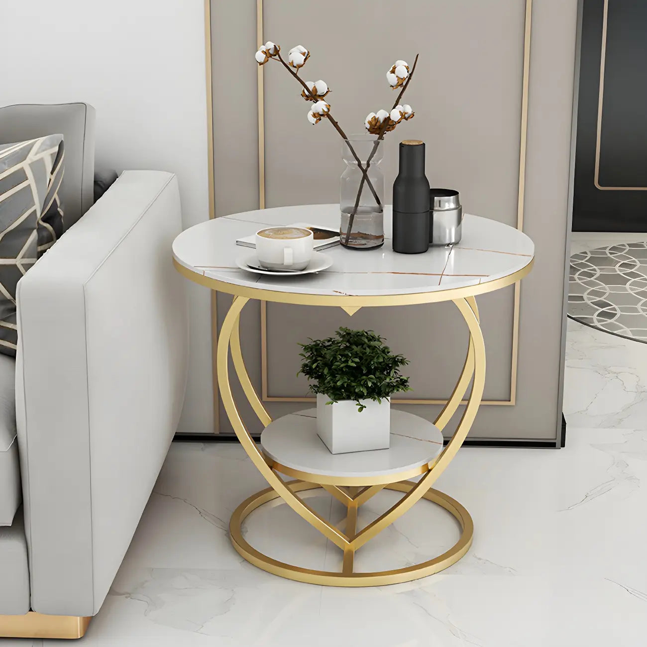 Stylish Round Marble Side Table with Storage and Gold Frame