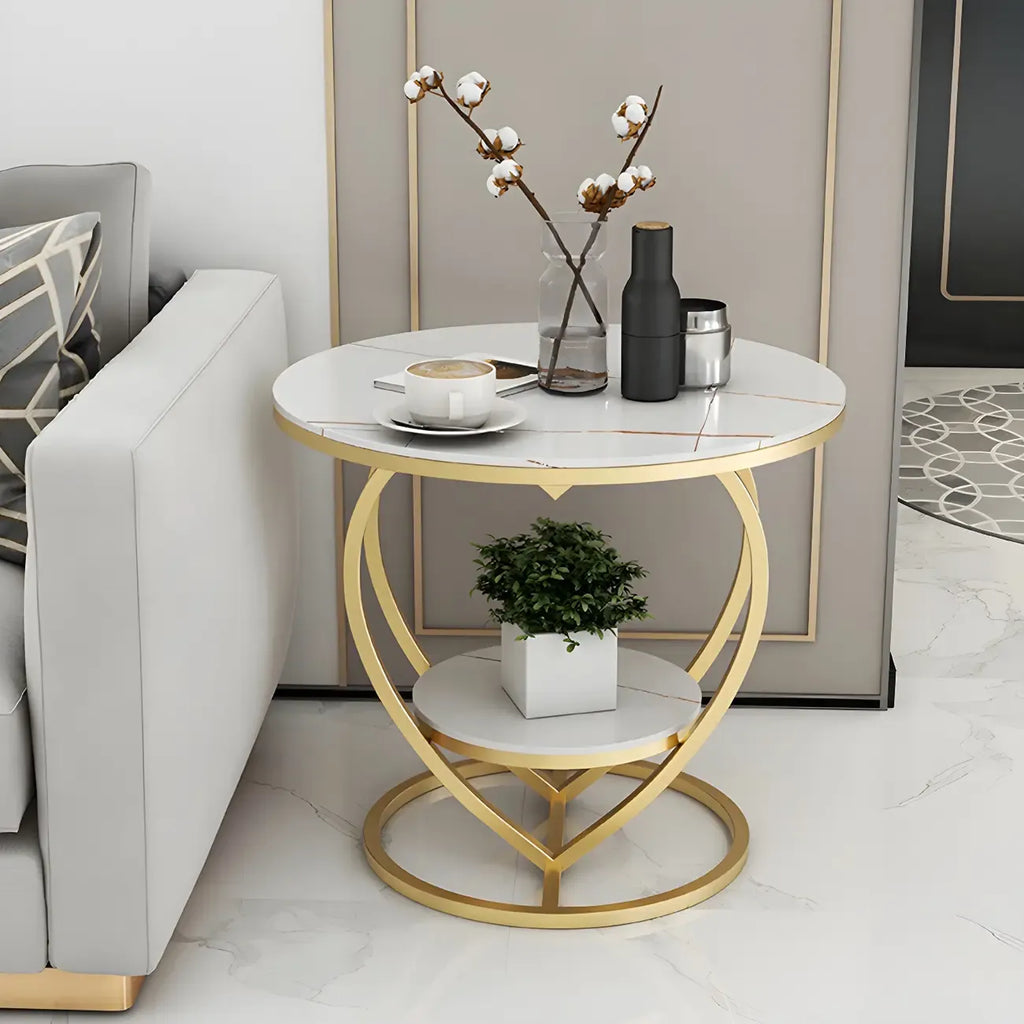Stylish Round Marble Side Table with Storage and Gold Frame