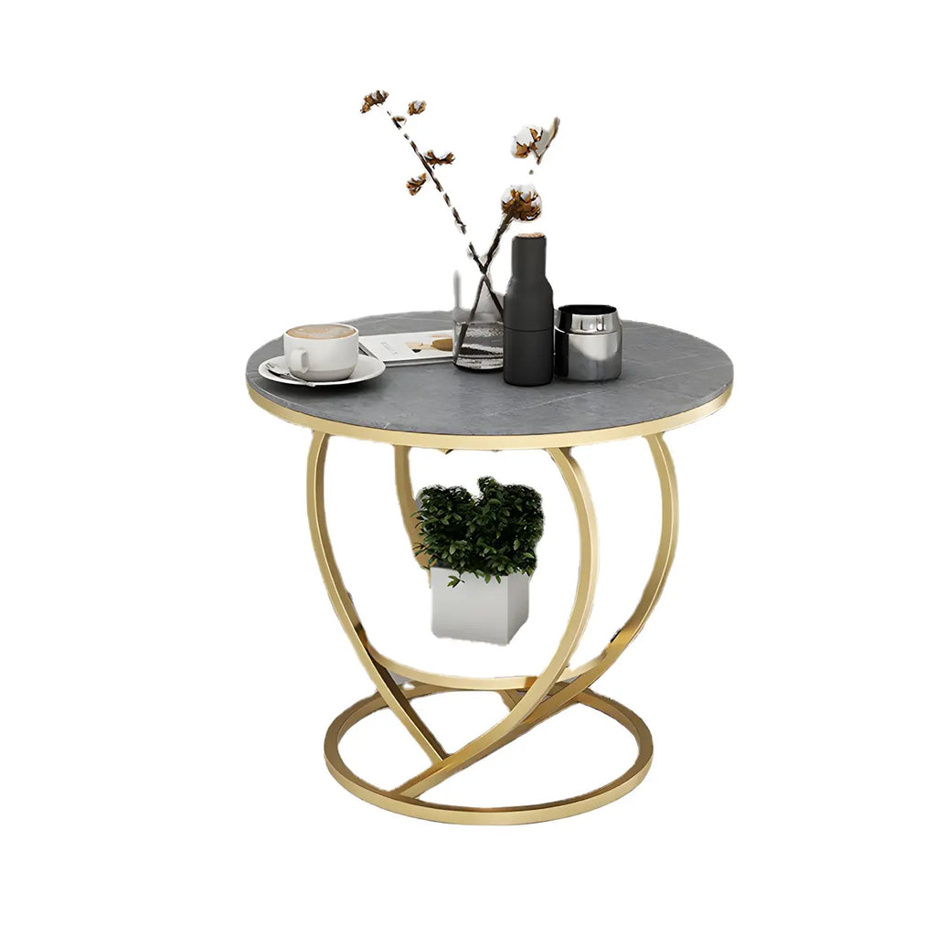 Stylish Round Marble Side Table with Storage and Gold Frame
