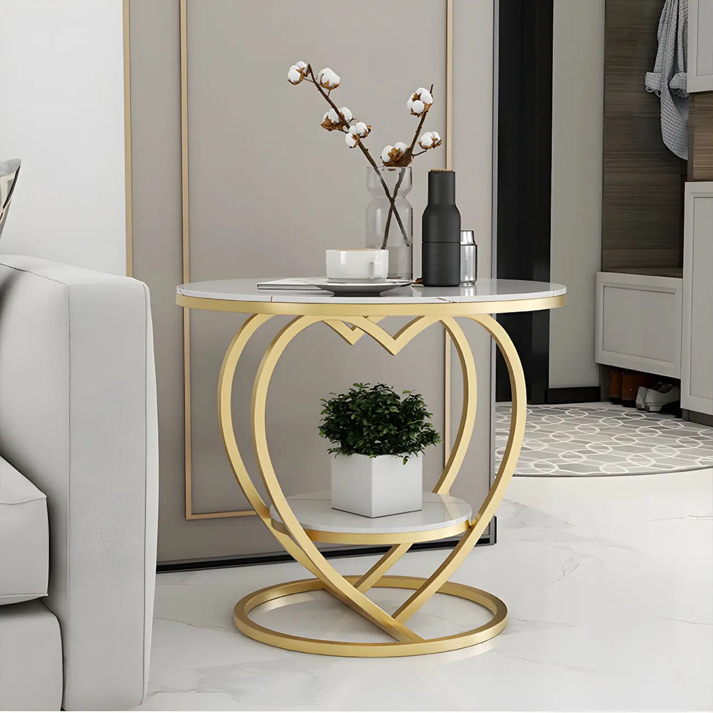 Stylish Round Marble Side Table with Storage and Gold Frame