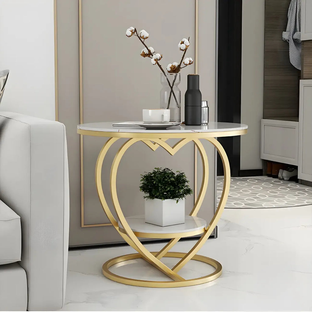 Stylish Round Marble Side Table with Storage and Gold Frame