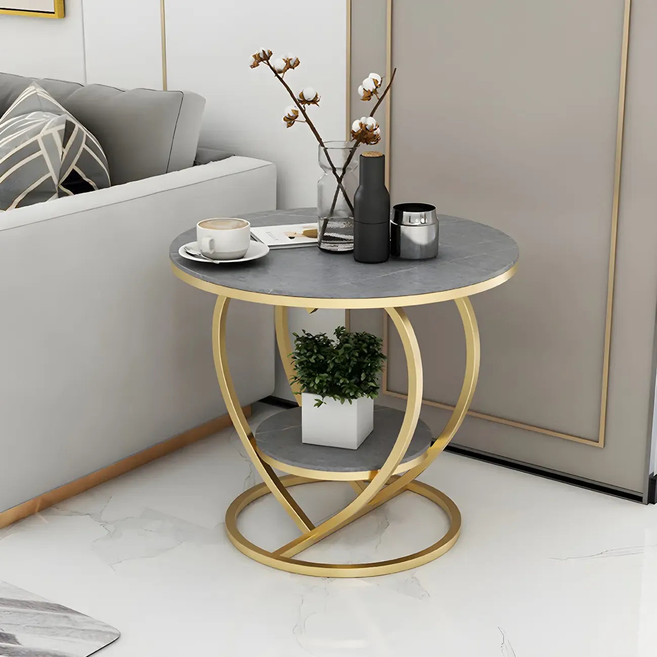 Stylish Round Marble Side Table with Storage and Gold Frame