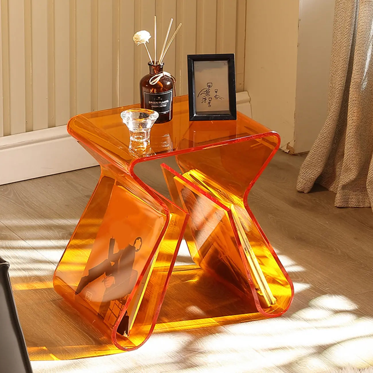 Gray Acrylic Side Table with Magazine Rack for Living Room